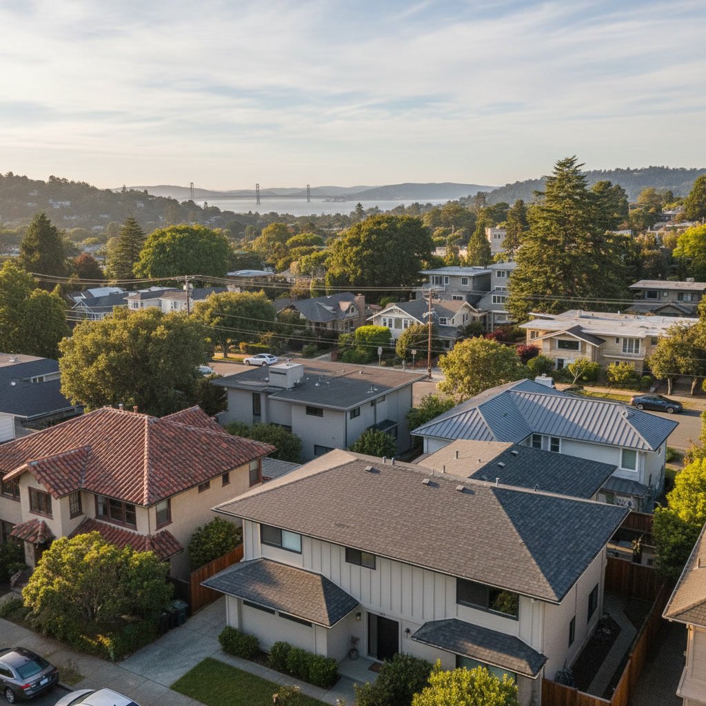 residential roof replacement project in Berkeley California showing workers installing new shingles