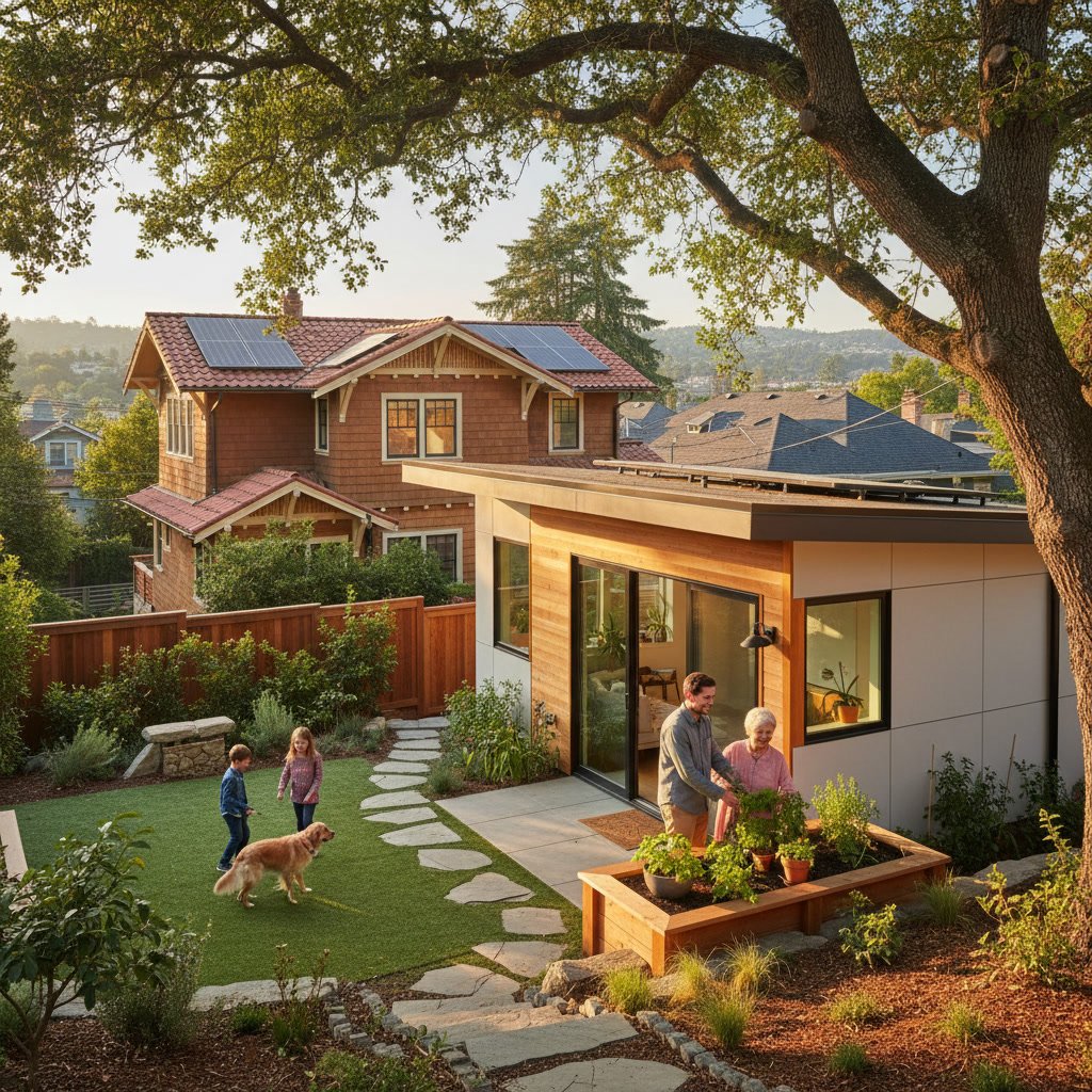 Modern ADU construction Berkeley with detached unit and landscaping