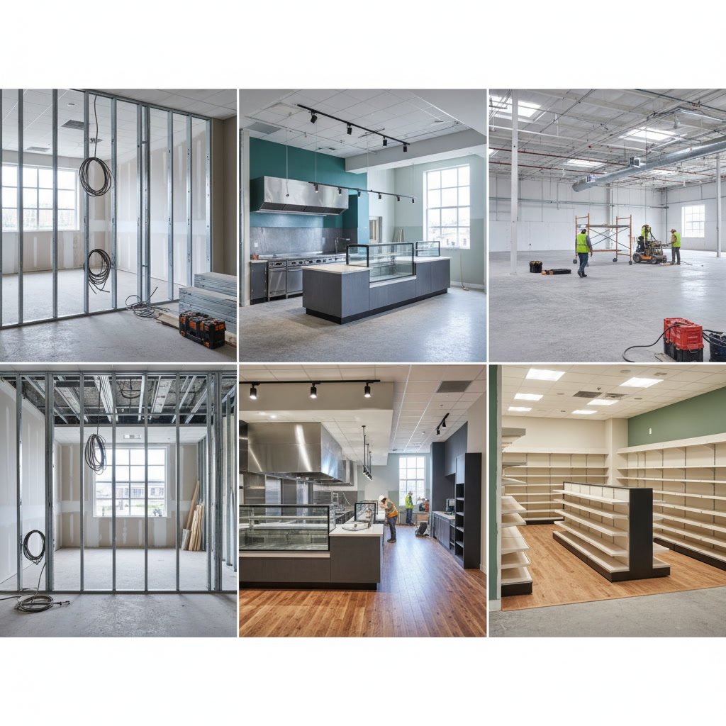 Commercial office space remodeling project showing new walls and electrical installation in East Bay