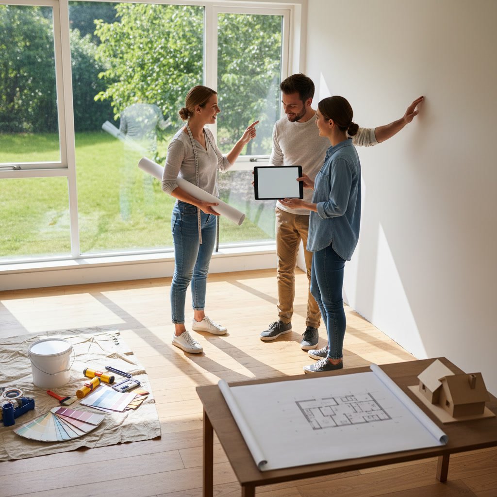 Home interior during painting and remodeling project with protective coverings