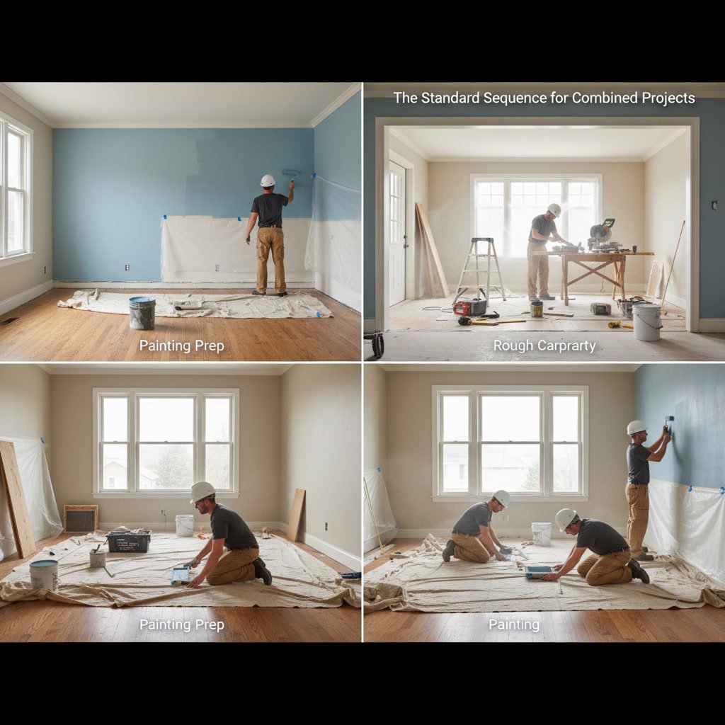 Construction worker coordinating remodeling and painting timeline on jobsite