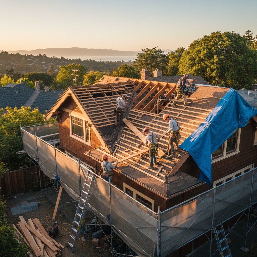 close-up of roofing materials and cost estimation tools for Berkeley CA homes