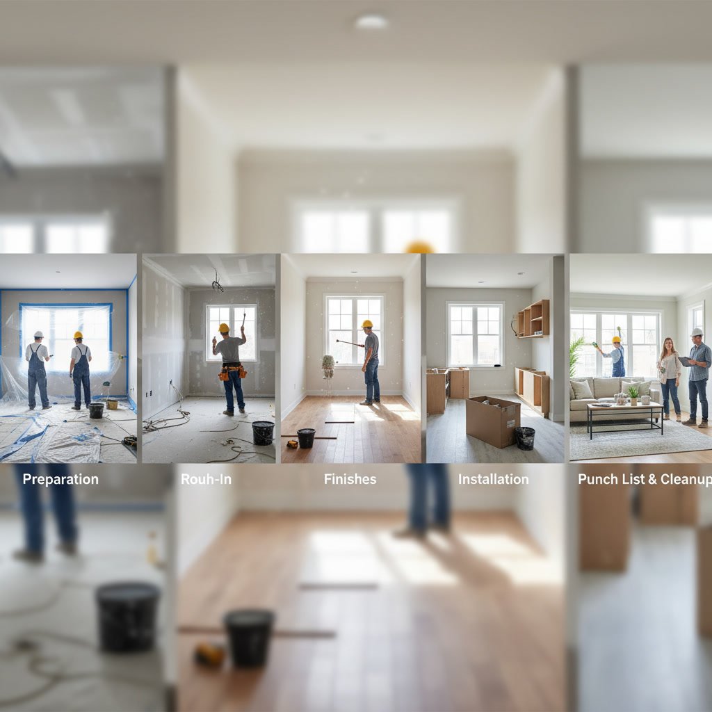 Professional painter and remodeling crew coordinating work in home renovation