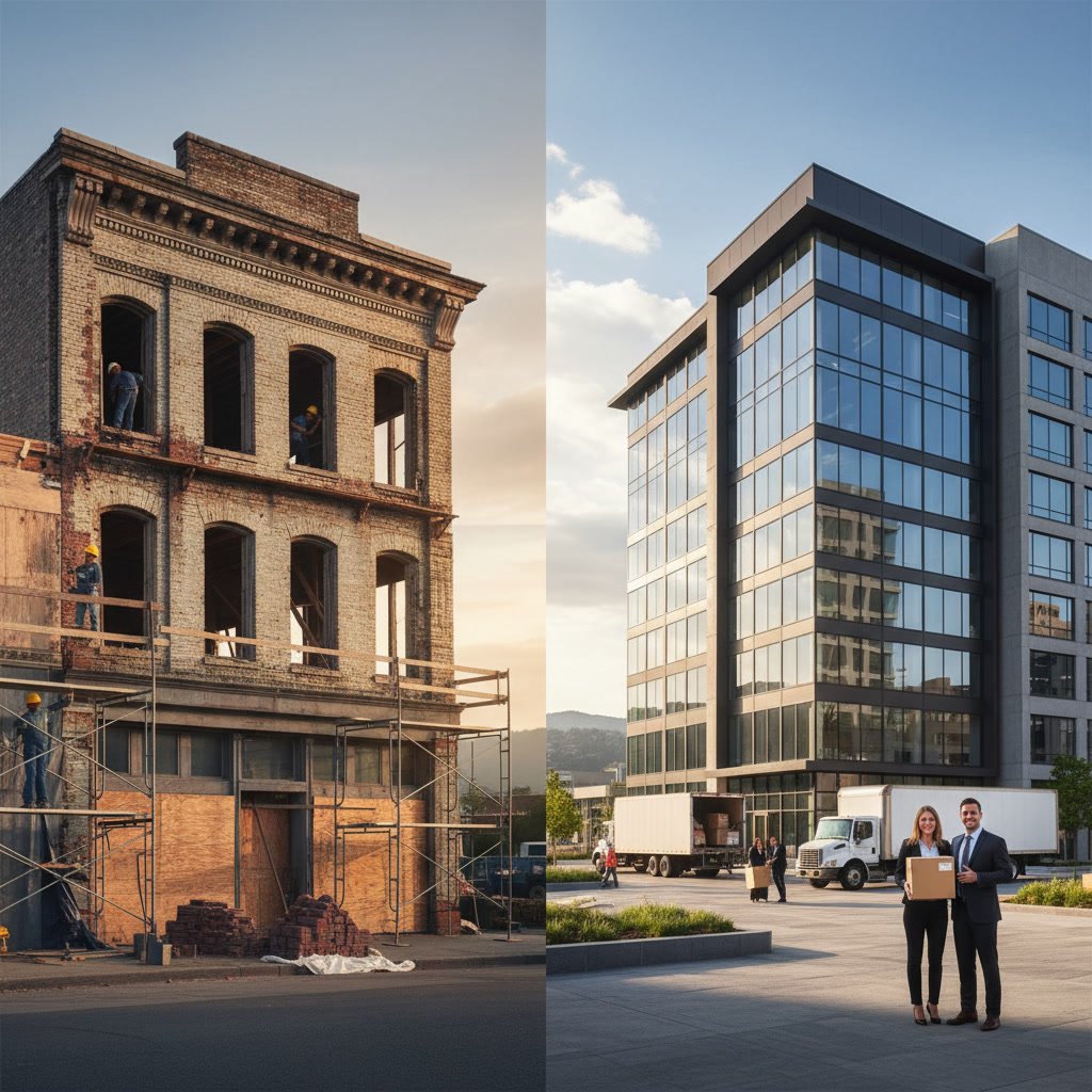 Commercial construction project showing new stucco exterior and renovated entrance in Richmond CA
