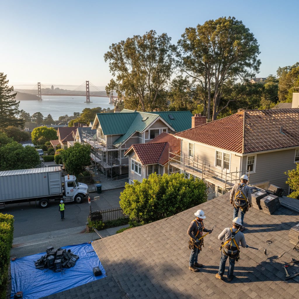 residential roofing installation project in Berkeley California with professional crew working on home