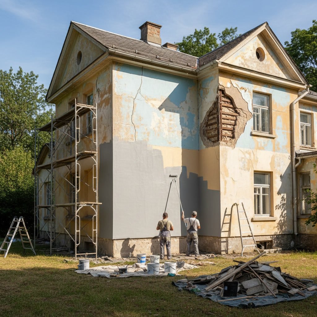 Home exterior showing remodeling construction and fresh paint application
