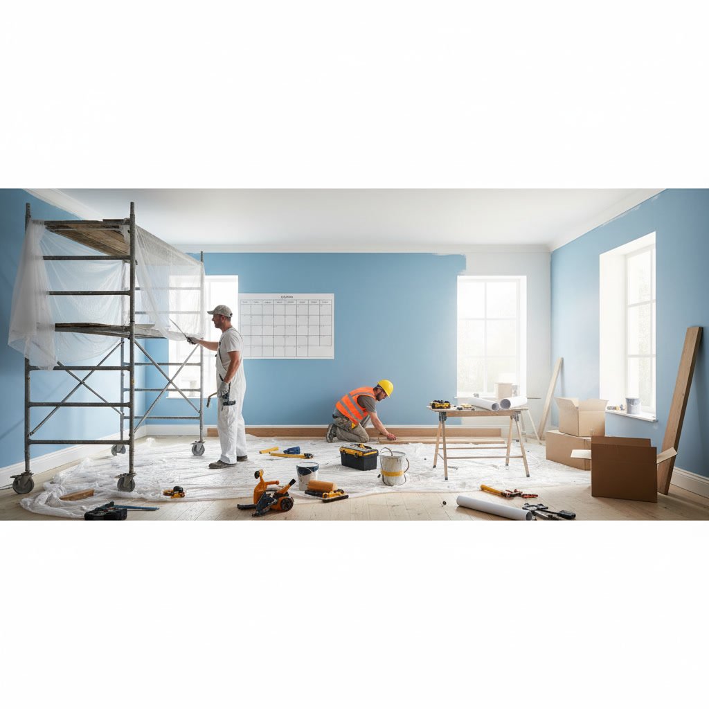 professional painting and remodeling project in progress showing timeline stages
