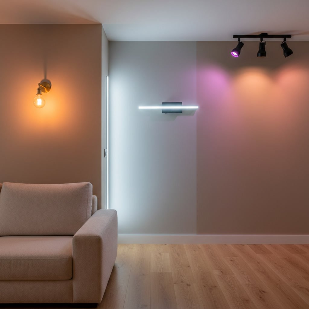 Paint samples displayed under different lighting conditions showing color variation