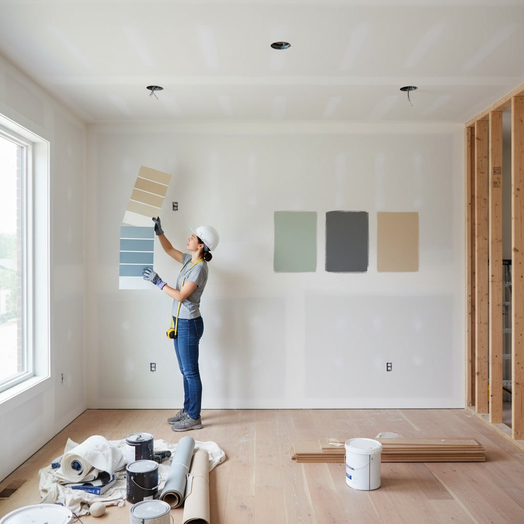 Professional painter testing multiple paint colors on wall with new materials nearby