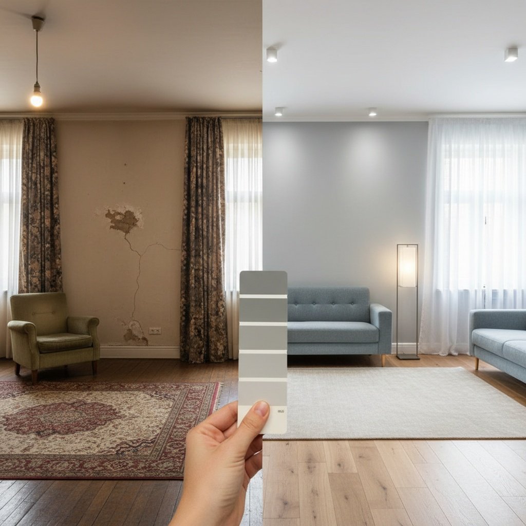 Recently remodeled room showing paint color variation under new lighting and materials