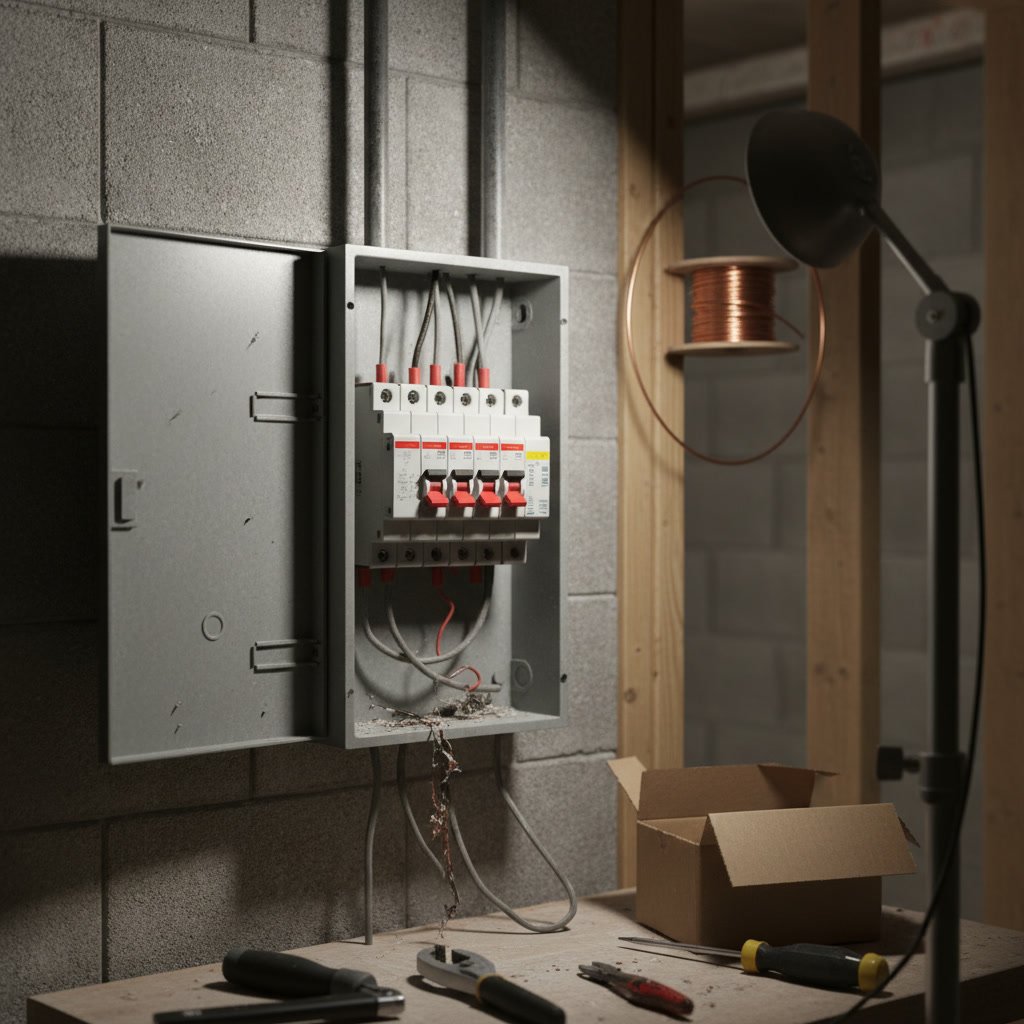 Licensed electrician inspecting electrical panel before home remodel