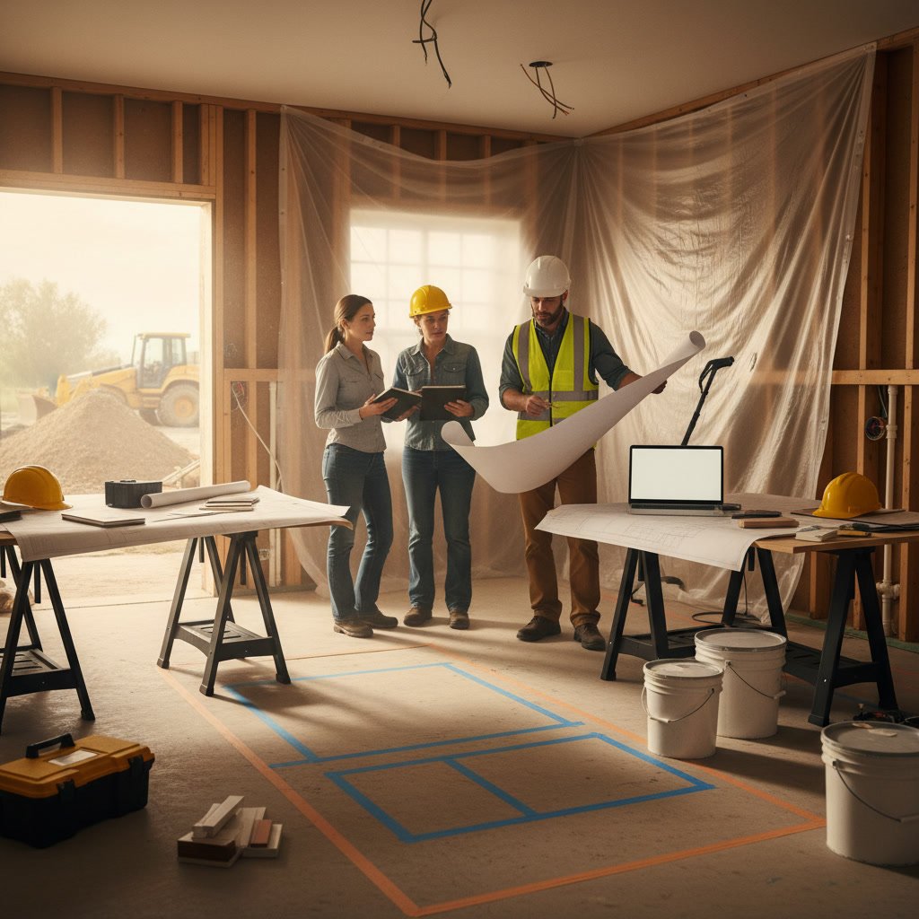 Home interior prepared for residential construction with furniture covered and floor protected