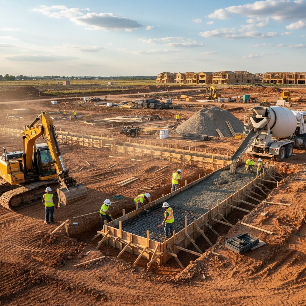 Foundation formwork and rebar installation for new residential construction