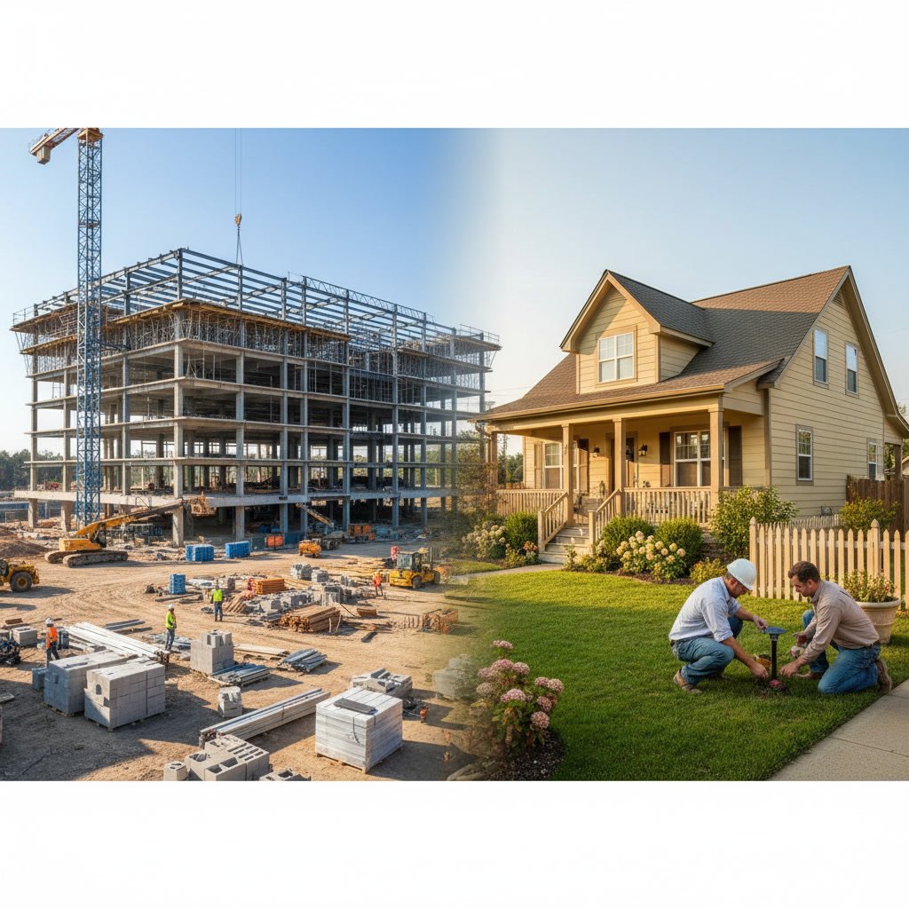 Commercial building exterior prepared for major renovation work with protective barriers and signage