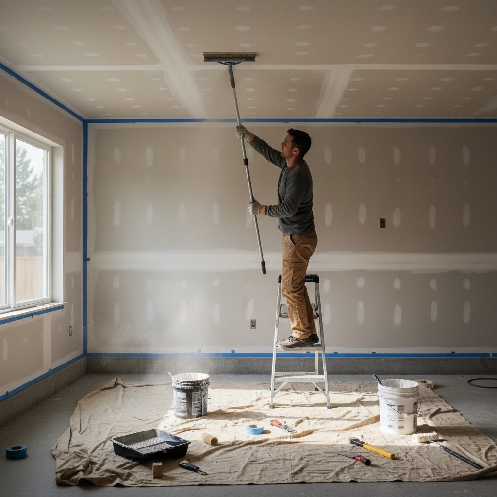 Homeowner preparing exterior wall surface for texture coat application with pressure washer