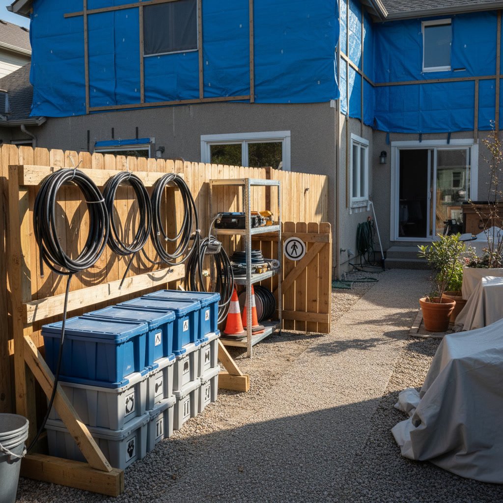 Construction materials and tools organized in prepared residential workspace