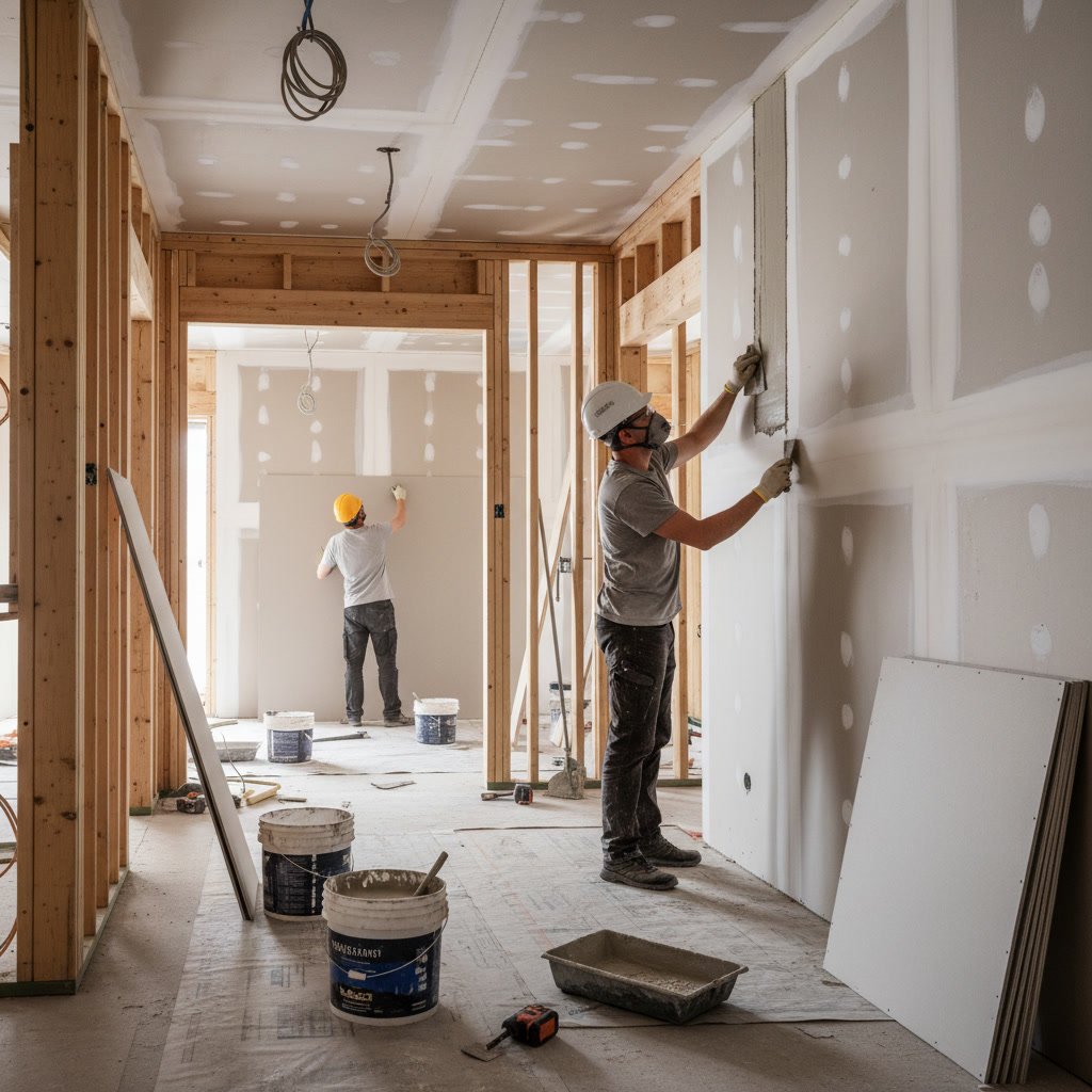 Interior drywall and trim carpentry during residential construction