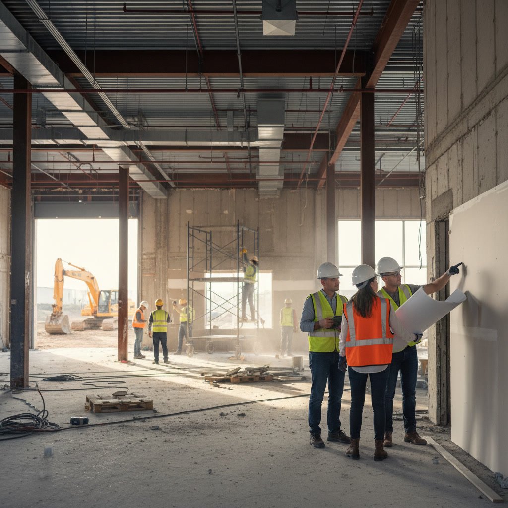 Commercial building renovation site with organized materials and prepared work zones