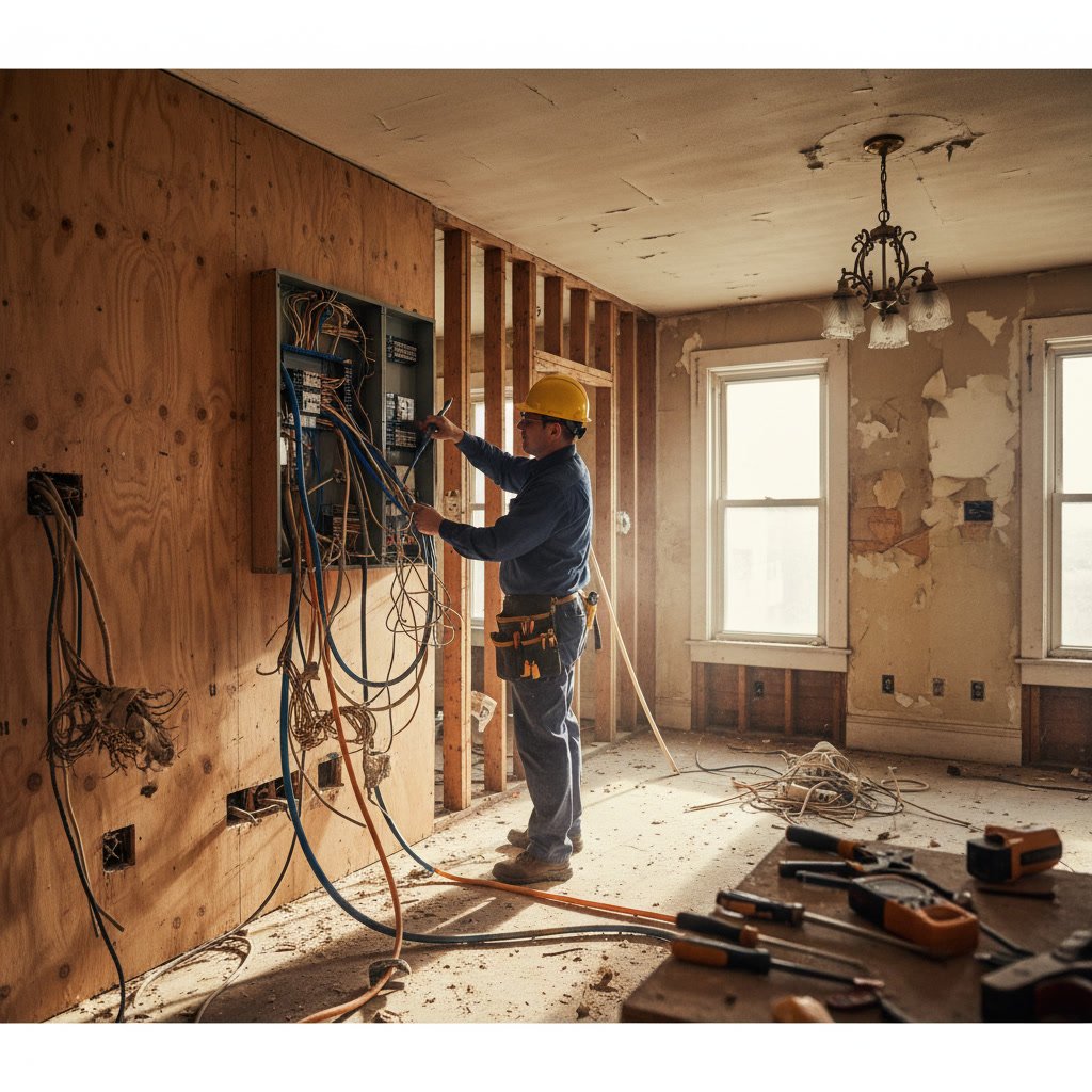 Professional electrician examining home electrical system before remodeling project