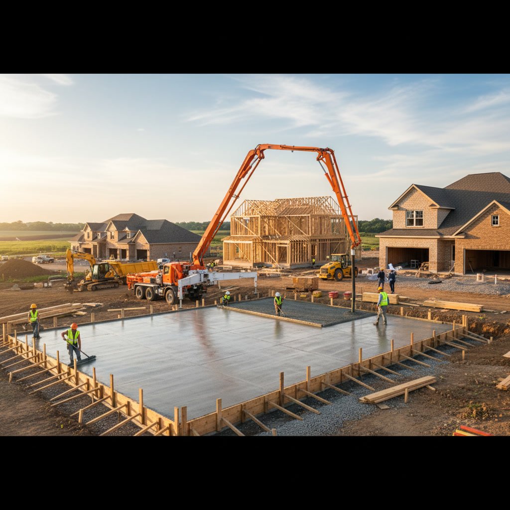 New residential construction site showing foundation and framing stages