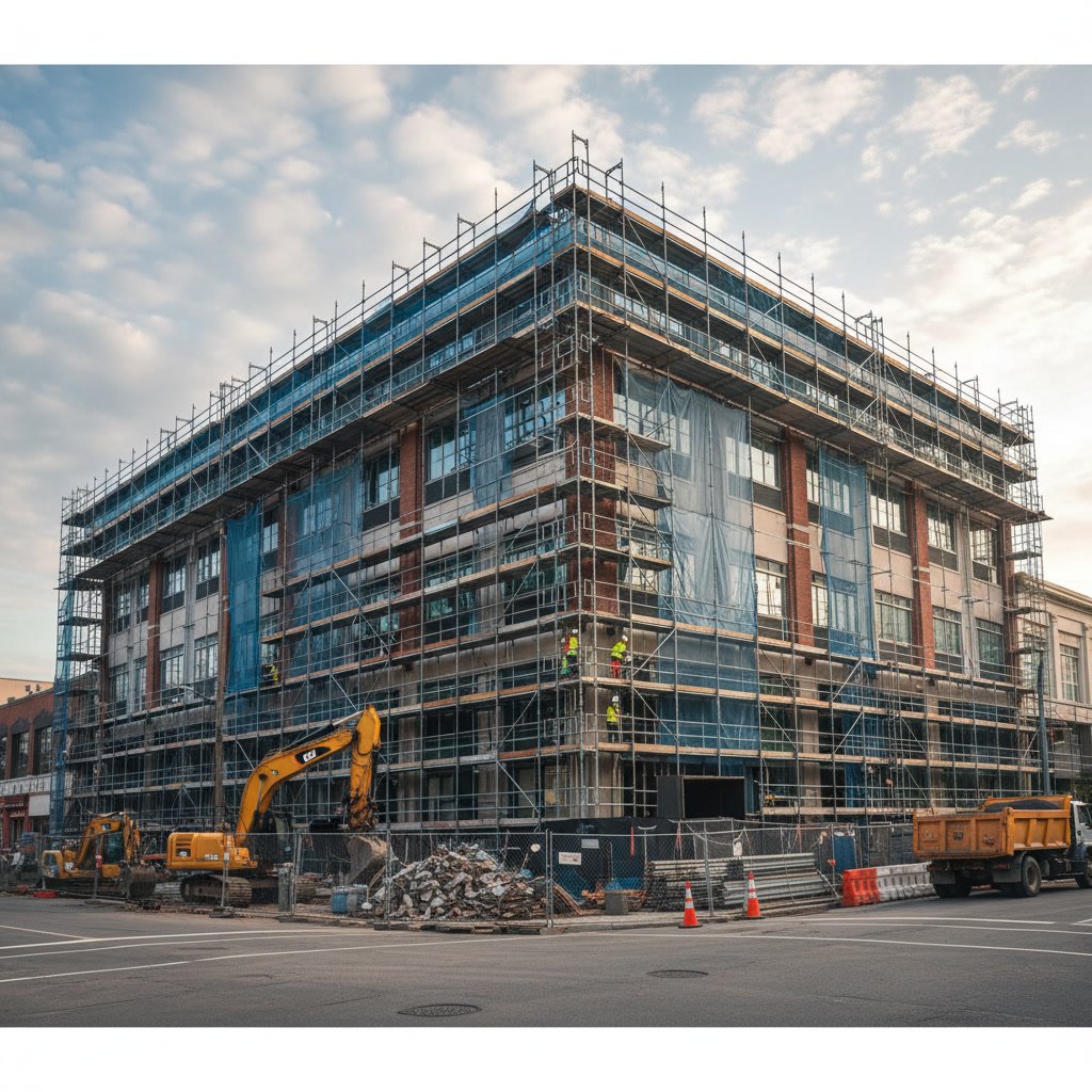Commercial building undergoing major renovation with professional construction team and equipment
