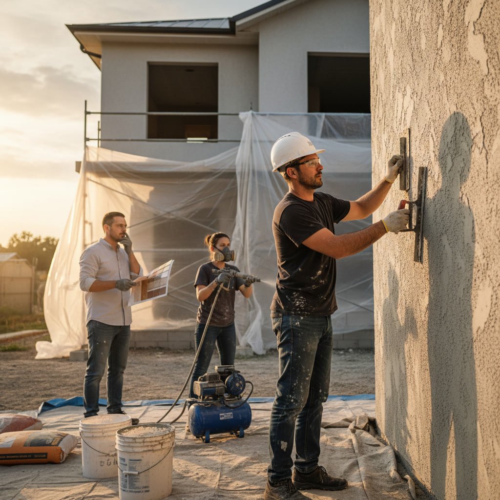 Professional contractor applying texture coat to residential exterior wall in Berkeley